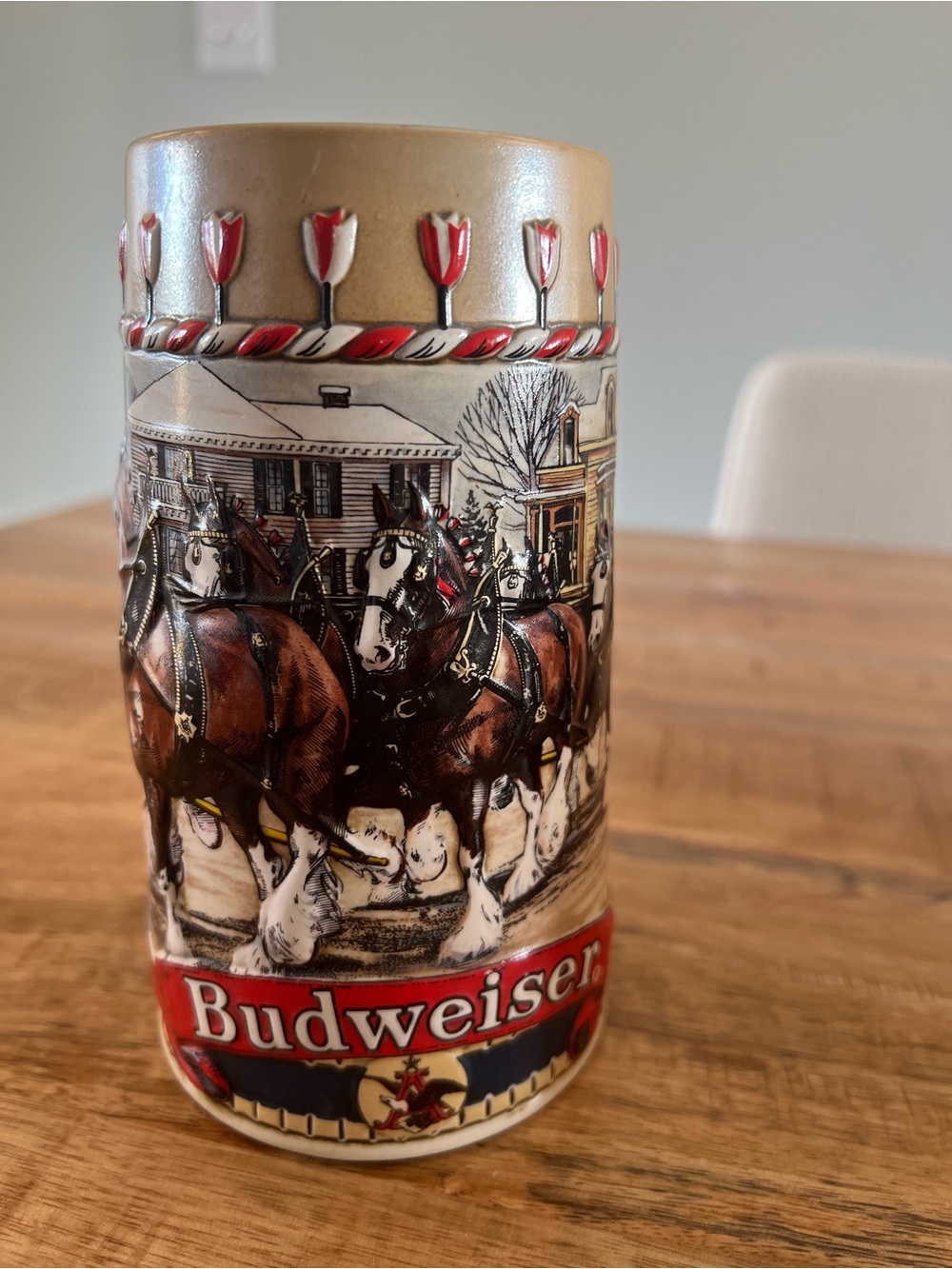 1986 Holiday Budweiser Ceramic Stein with Clydesdales in Red, Brown and Cream